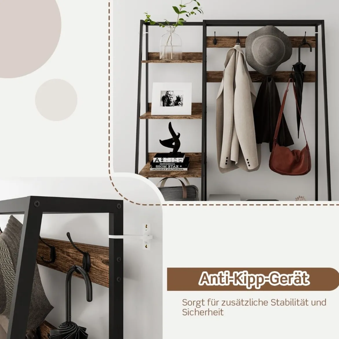 Industrielle Garderobe mit Schuhbank für den Eingangsbereich 122x40x180 cm Rustikales Braun
