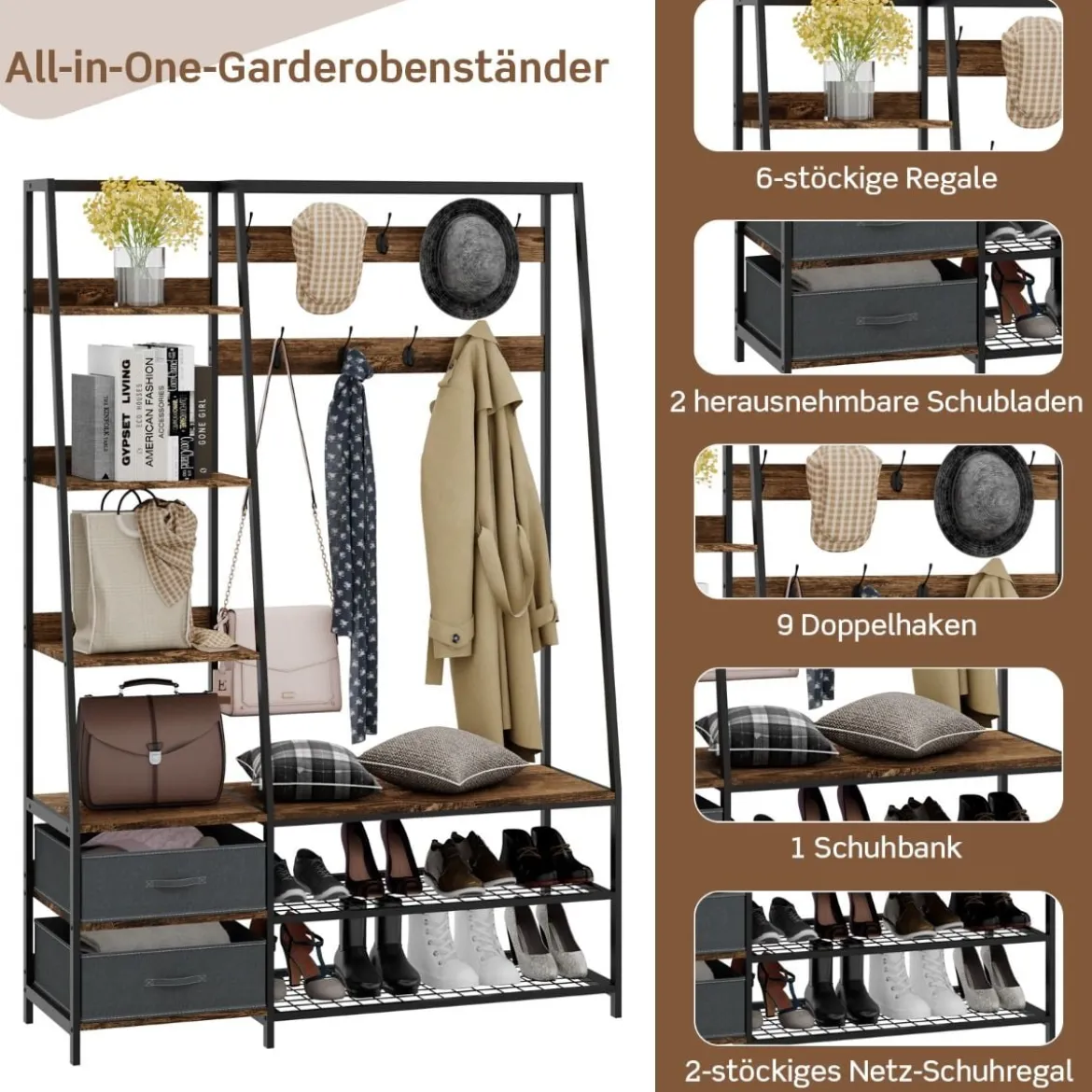 Industrielle Garderobe mit Schuhbank für den Eingangsbereich 122x40x180 cm Rustikales Braun