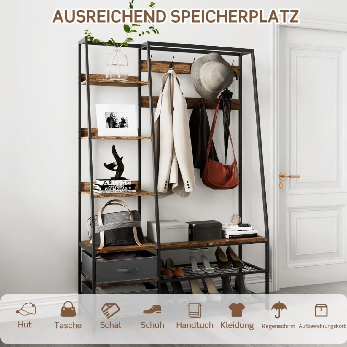 Industrielle Garderobe mit Schuhbank für den Eingangsbereich 122x40x180 cm Rustikales Braun