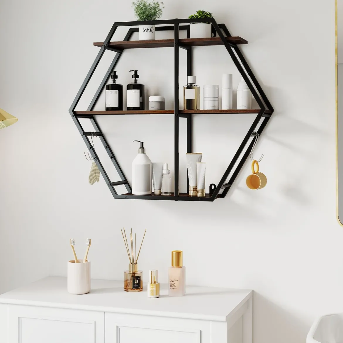 Industrielle Hexagon Wandregal 3-stufiges dekorative schwebende Regal mit Haken Rustikal