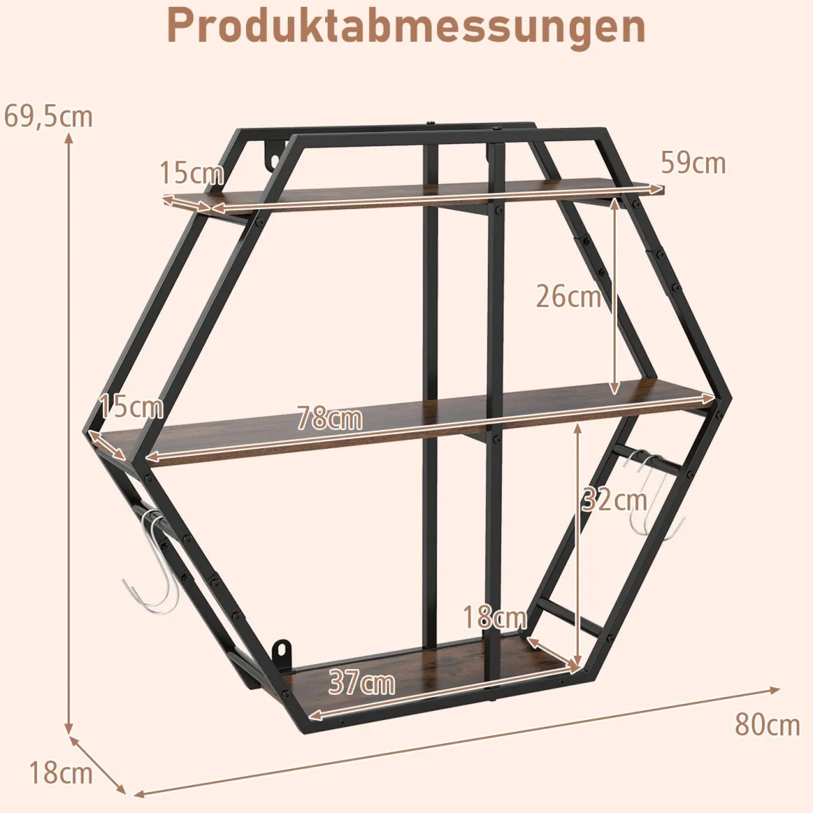 Industrielle Hexagon Wandregal 3-stufiges dekorative schwebende Regal mit Haken Rustikal