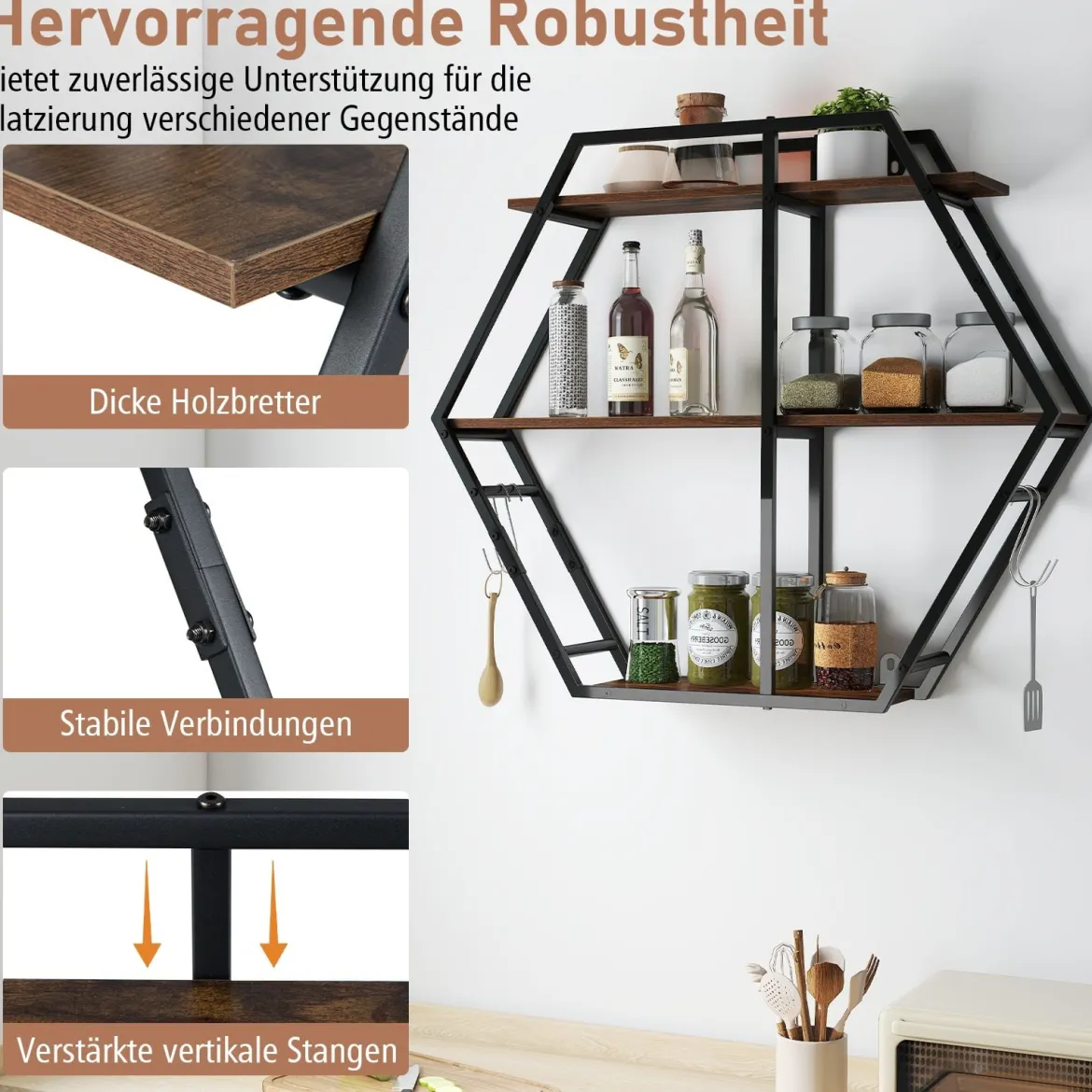 Industrielle Hexagon Wandregal 3-stufiges dekorative schwebende Regal mit Haken Rustikal