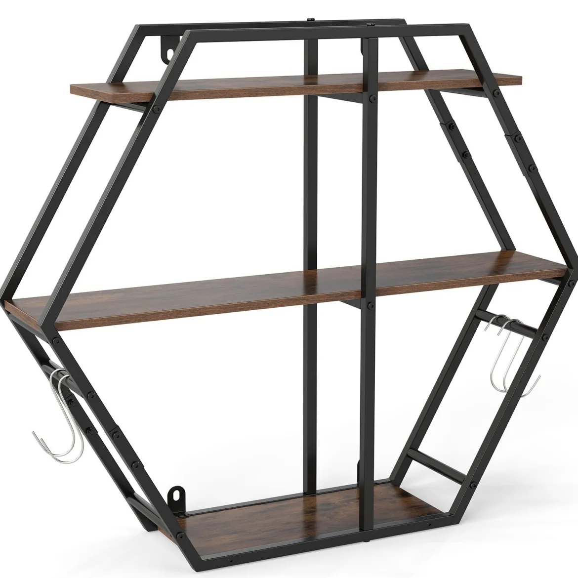 Industrielle Hexagon Wandregal 3-stufiges dekorative schwebende Regal mit Haken Rustikal