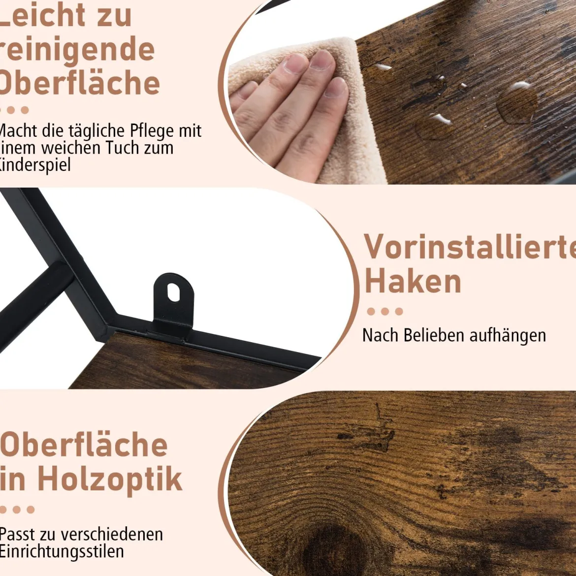 Industrielle Hexagon Wandregal 3-stufiges dekorative schwebende Regal mit Haken Rustikal