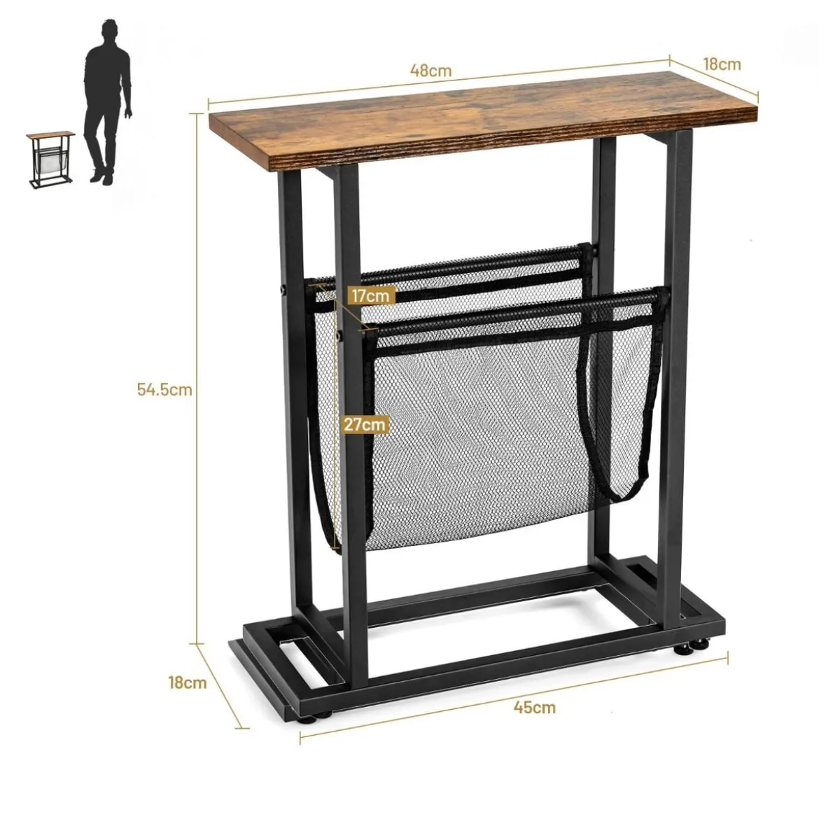 Industrieller Beistelltisch 2-stufiger schmaler Sofatisch 48 x 18 x 54,5 cm Braun + Schwarz