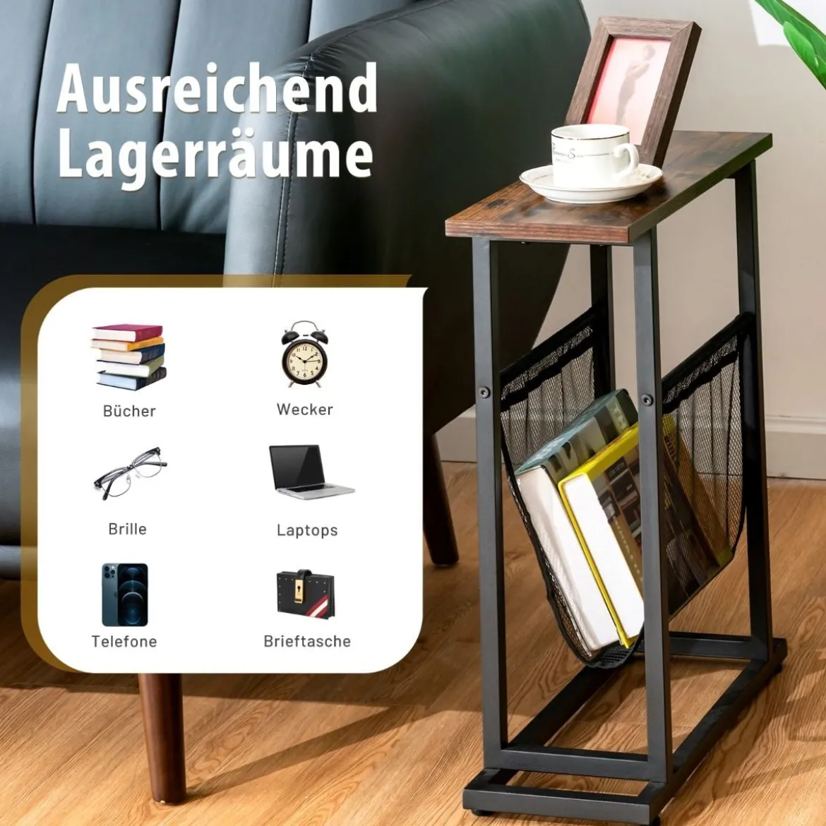 Industrieller Beistelltisch 2-stufiger schmaler Sofatisch 48 x 18 x 54,5 cm Braun + Schwarz