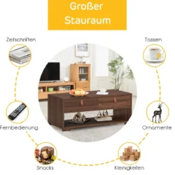 Industrieller Couchtisch rechteckiger Medienkonsolentisch mit 2 Schubladen und offenem Ablagefach Nussbaum