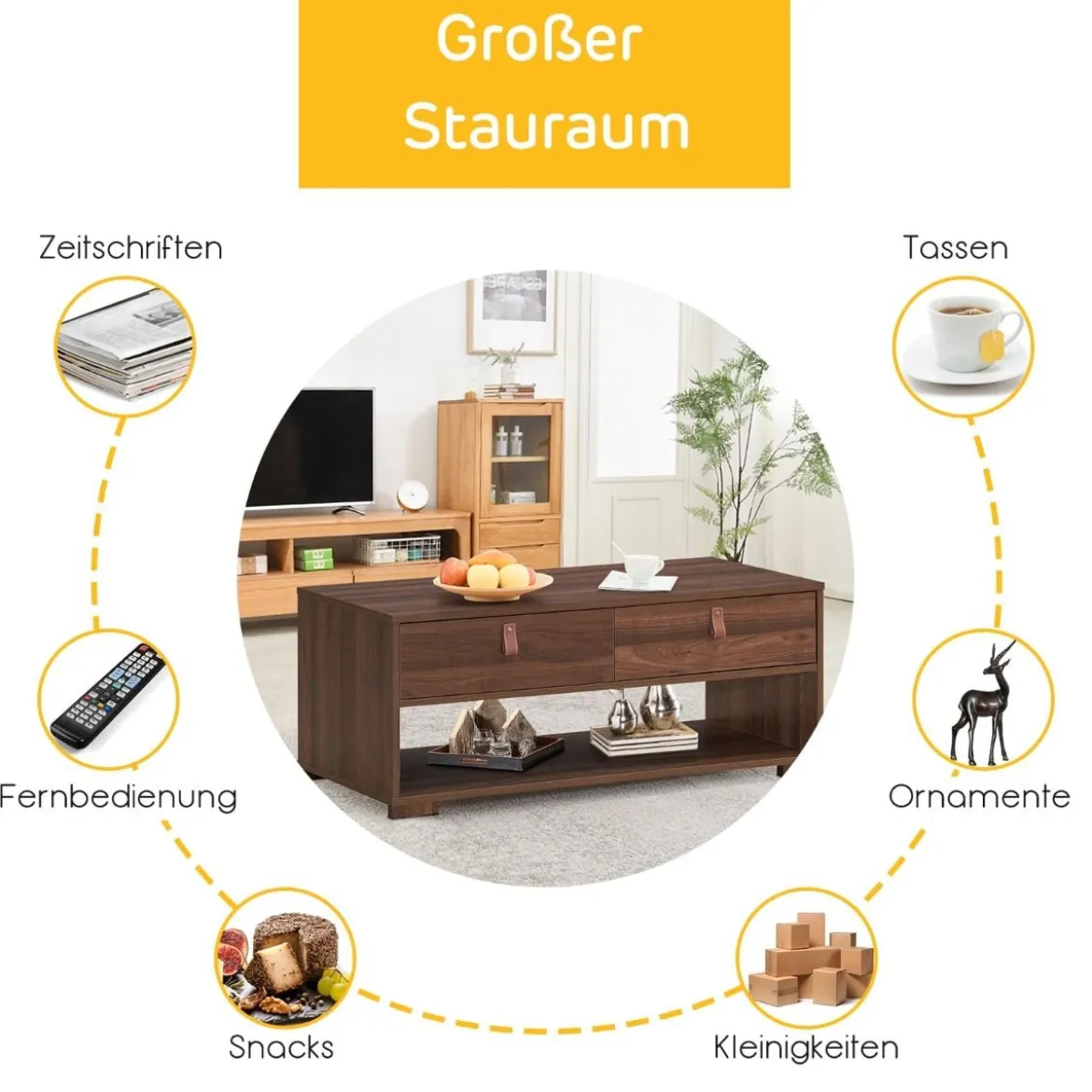 Industrieller Couchtisch rechteckiger Medienkonsolentisch mit 2 Schubladen und offenem Ablagefach Nussbaum
