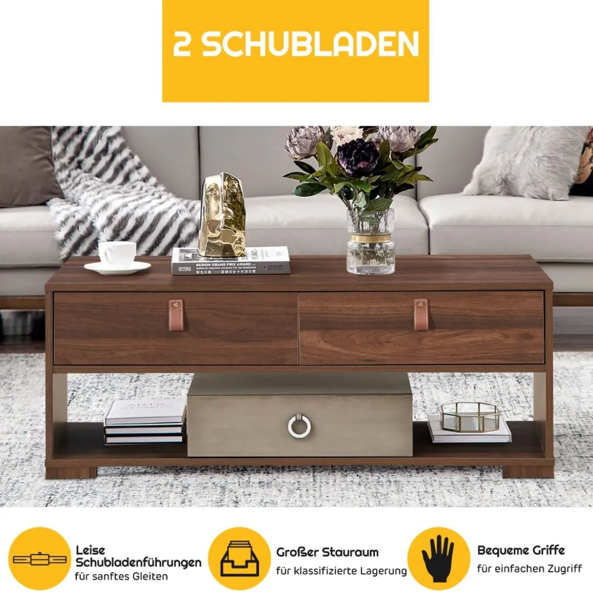 Industrieller Couchtisch rechteckiger Medienkonsolentisch mit 2 Schubladen und offenem Ablagefach Nussbaum
