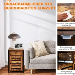 Industrieller freistehender Nachttisch mit höhenverstellbarer Ablage Rustikales Braun