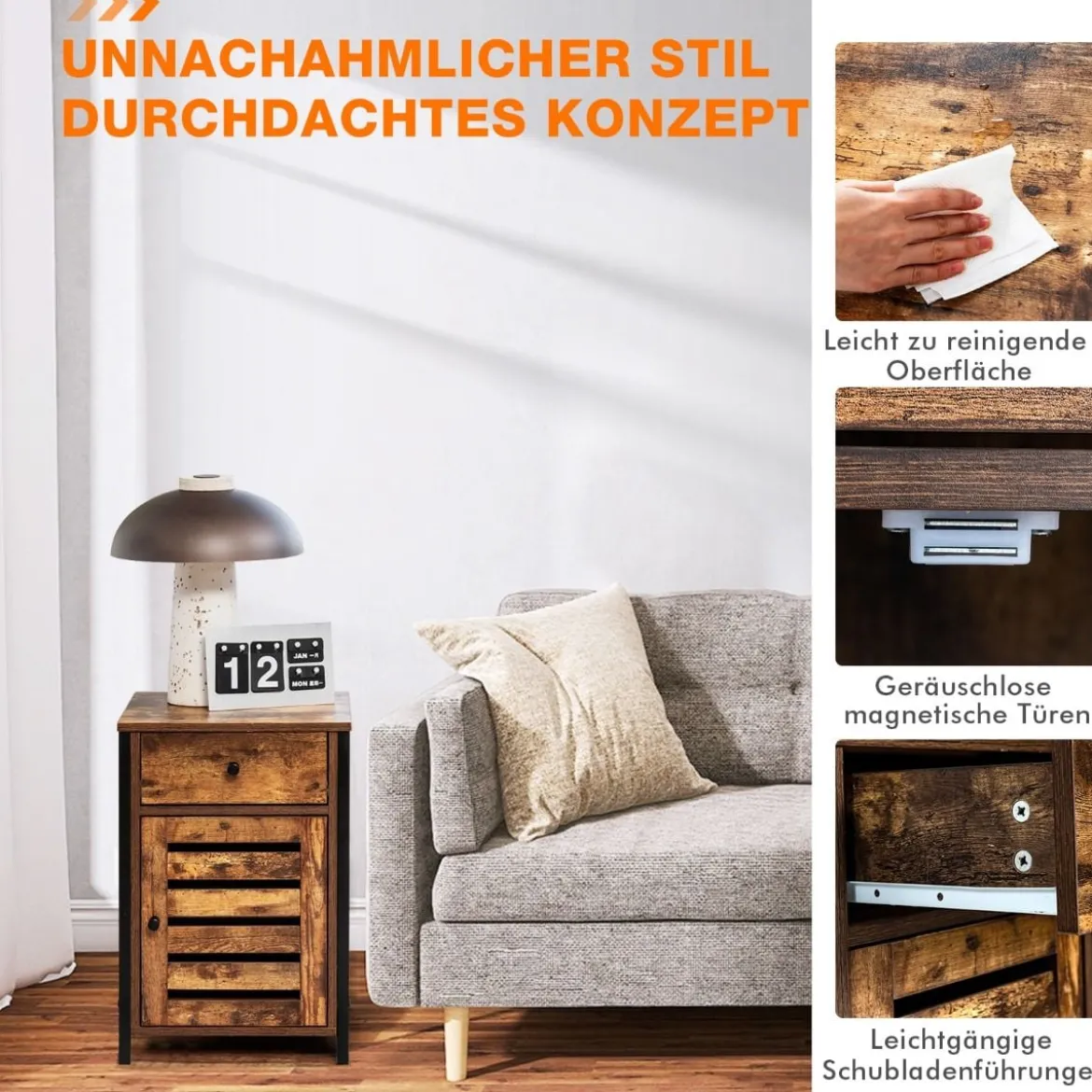 Industrieller freistehender Nachttisch mit höhenverstellbarer Ablage Rustikales Braun