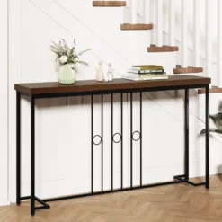 Industrieller Konsolentisch 140 cm schmaler Eingangstisch mit H-förmiger Basis & geräumiger Tischplatte Braun