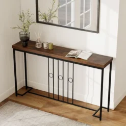 Industrieller Konsolentisch 140 cm schmaler Eingangstisch mit H-förmiger Basis & geräumiger Tischplatte Braun
