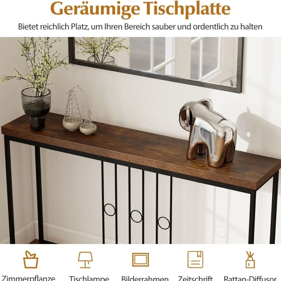 Industrieller Konsolentisch 140 cm schmaler Eingangstisch mit H-förmiger Basis & geräumiger Tischplatte Braun