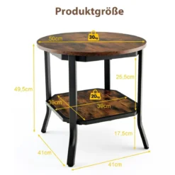 industrieller runder 2 stufiger Beistelltisch mit offenem Regal und Stahlbeinen 50 x 50 x 49,5 cm Braun