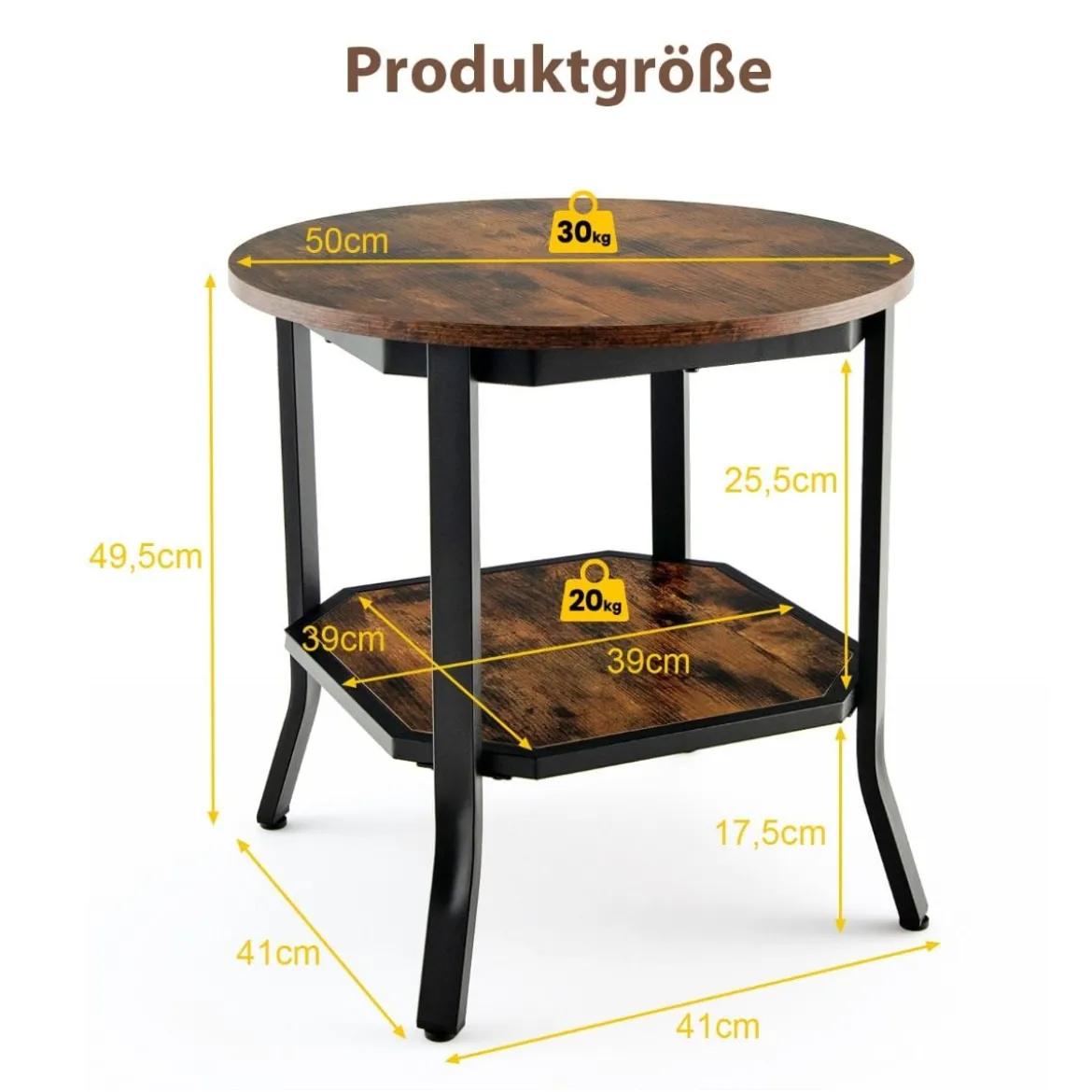 industrieller runder 2 stufiger Beistelltisch mit offenem Regal und Stahlbeinen 50 x 50 x 49,5 cm Braun