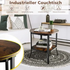 industrieller runder 2 stufiger Beistelltisch mit offenem Regal und Stahlbeinen 50 x 50 x 49,5 cm Braun