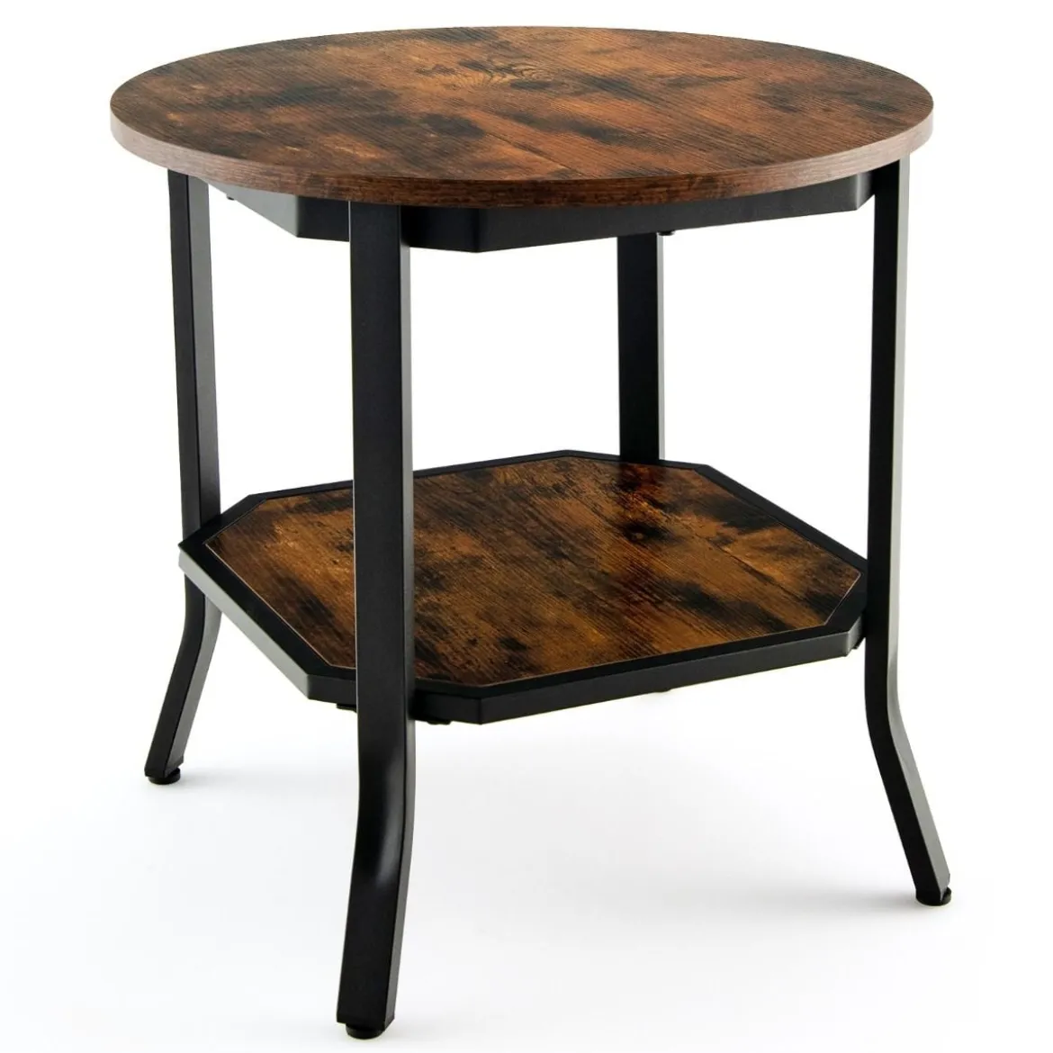 industrieller runder 2 stufiger Beistelltisch mit offenem Regal und Stahlbeinen 50 x 50 x 49,5 cm Braun