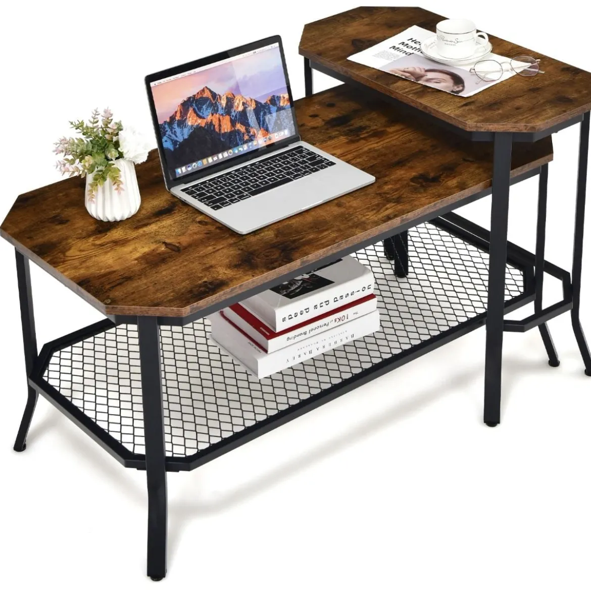 industrieller Sofa-Beistelltisch mit rustikaler Holzmaserung 64 x 32 x 61,5 cm rustikales braun