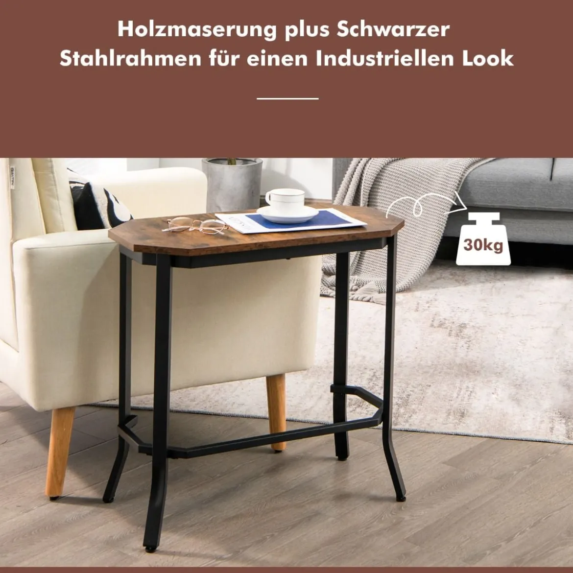industrieller Sofa-Beistelltisch mit rustikaler Holzmaserung 64 x 32 x 61,5 cm rustikales braun