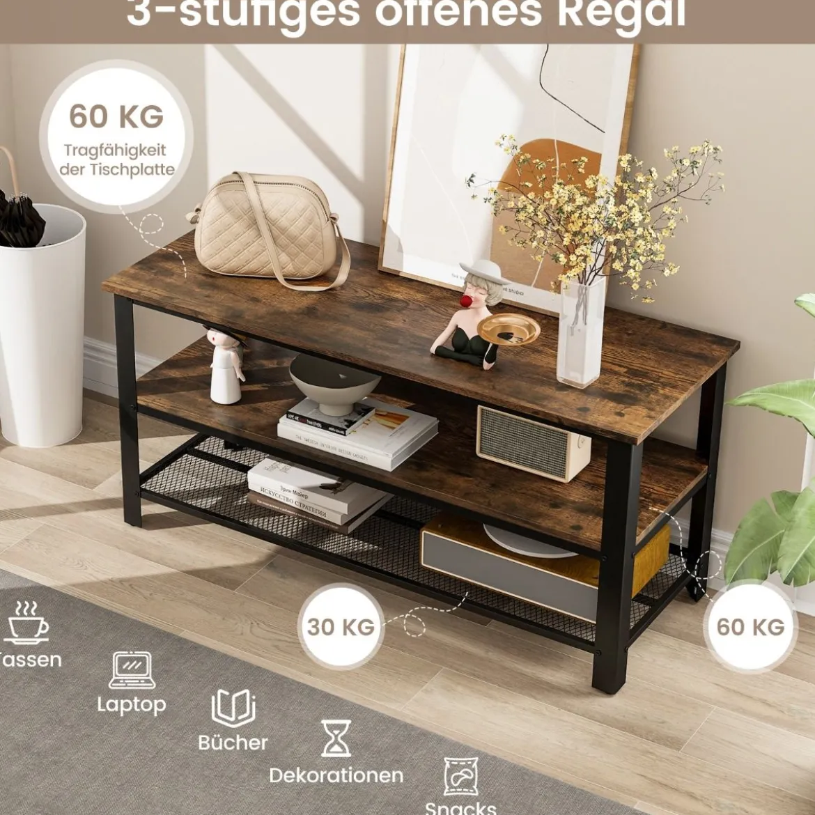 Industrieller TV-Ständer mit 2-stufigen Offenen Lagerregalen & Metallrahmen für TV bis zu 50 Zoll