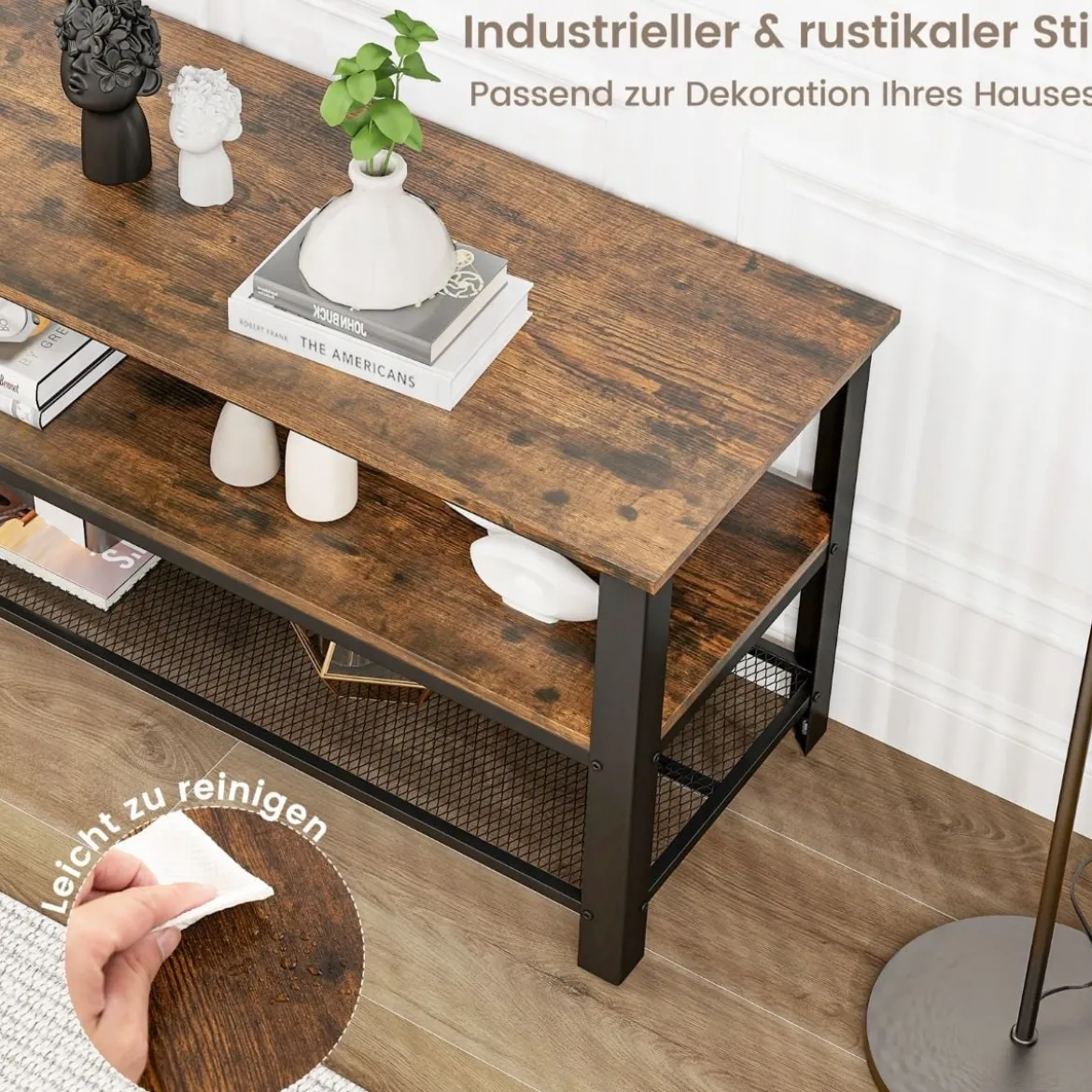 Industrieller TV-Ständer mit 2-stufigen Offenen Lagerregalen & Metallrahmen für TV bis zu 50 Zoll