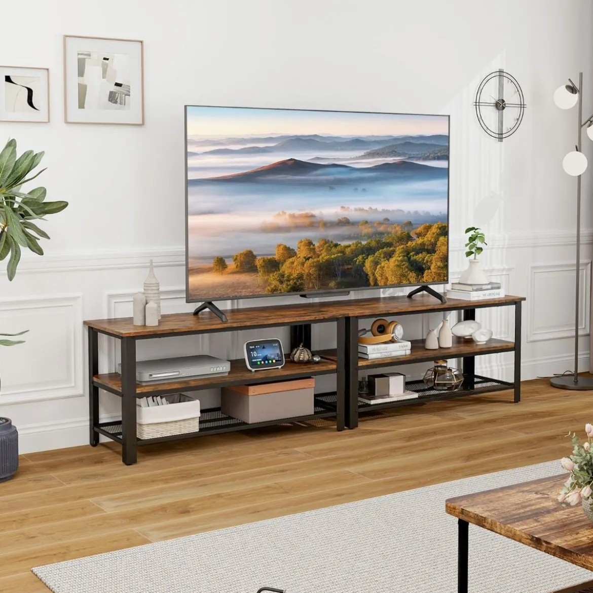 Industrieller TV-Ständer mit 2-stufigen Offenen Lagerregalen & Metallrahmen für TV bis zu 50 Zoll