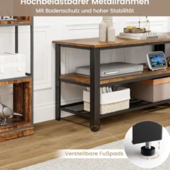 Industrieller TV-Ständer mit 2-stufigen Offenen Lagerregalen & Metallrahmen für TV bis zu 50 Zoll