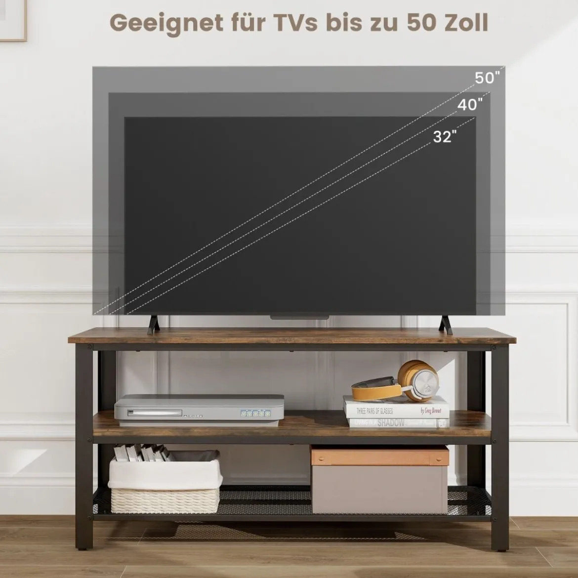 Industrieller TV-Ständer mit 2-stufigen Offenen Lagerregalen & Metallrahmen für TV bis zu 50 Zoll