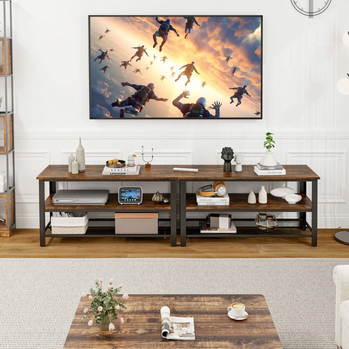 Industrieller TV-Ständer mit 2-stufigen Offenen Lagerregalen & Metallrahmen für TV bis zu 50 Zoll