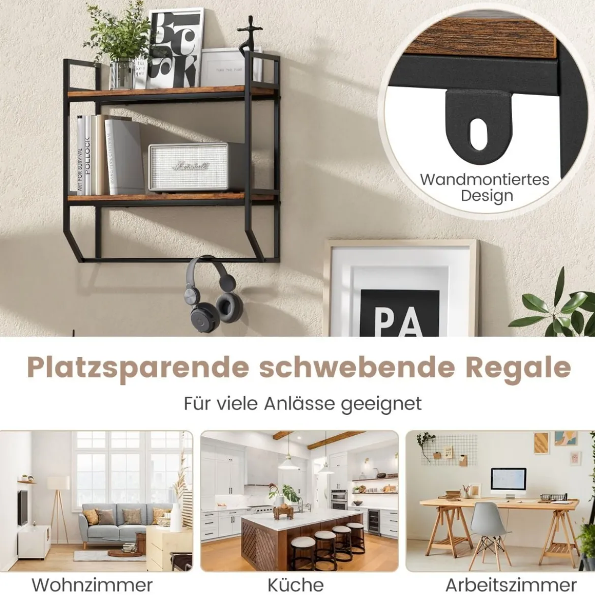 Industrielles 2 Ebenen Wandregal mit Stange & Metallrahmen Rustikales Braun