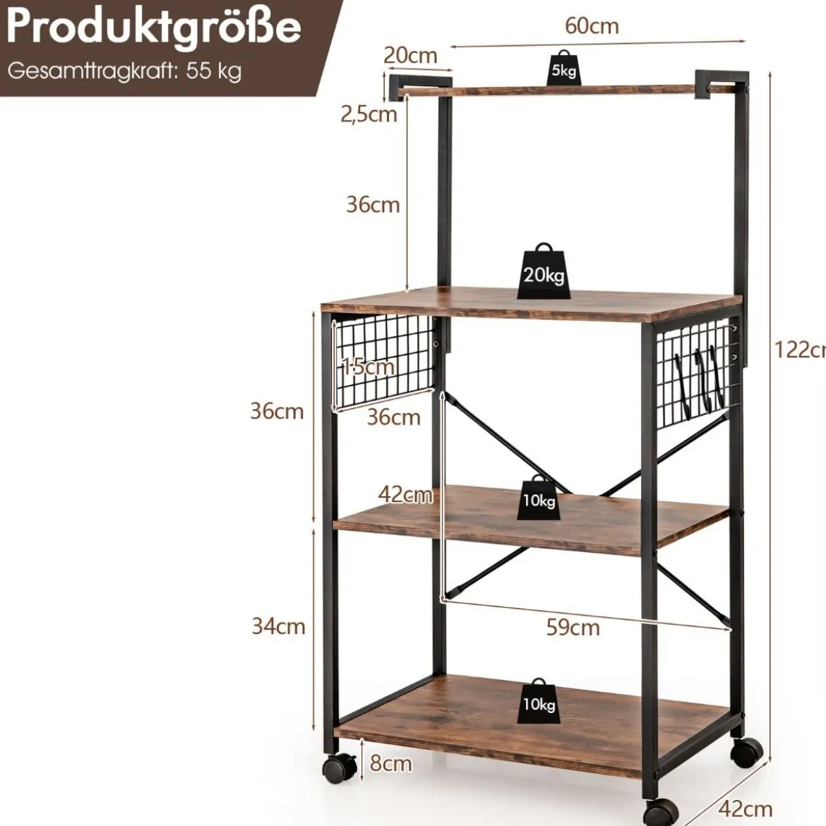 Industrielles Küchenregal 4-Stufiges Lagerregal 60 x 42 x 122 cm Braun