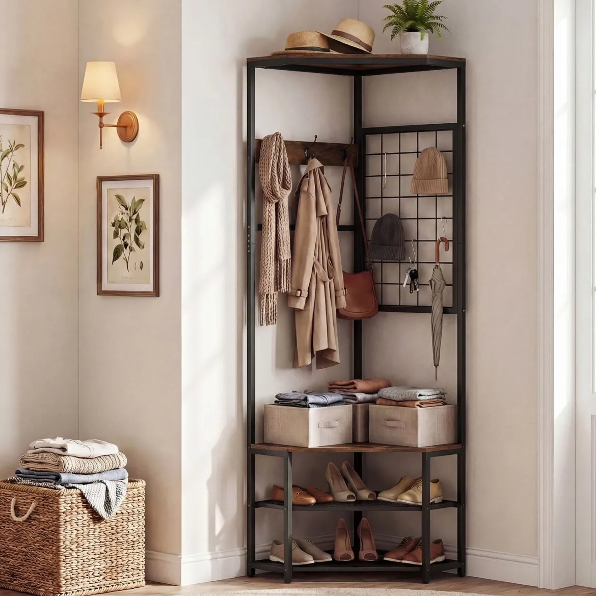 3 in 1 Eckgarderobe aus Metall platzsparende Garderobenständer mit Haken Rustikales Braun 49 x 49 x 171 cm