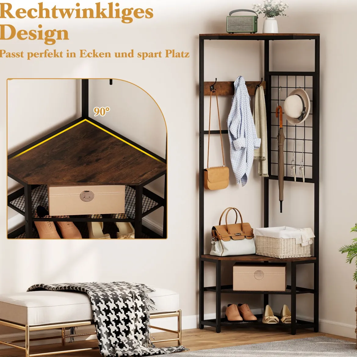 3 in 1 Eckgarderobe aus Metall platzsparende Garderobenständer mit Haken Rustikales Braun 49 x 49 x 171 cm