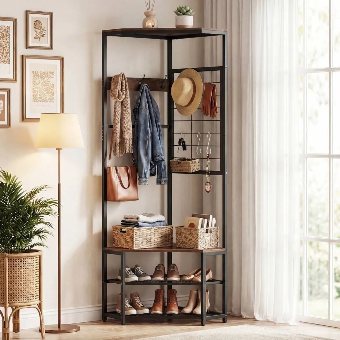3 in 1 Eckgarderobe aus Metall platzsparende Garderobenständer mit Haken Rustikales Braun 49 x 49 x 171 cm