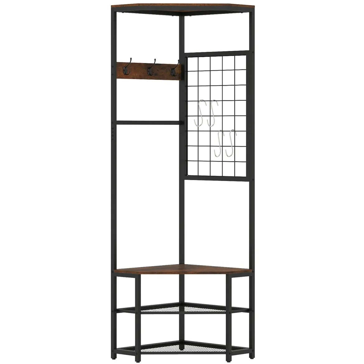 3 in 1 Eckgarderobe aus Metall platzsparende Garderobenständer mit Haken Rustikales Braun 49 x 49 x 171 cm