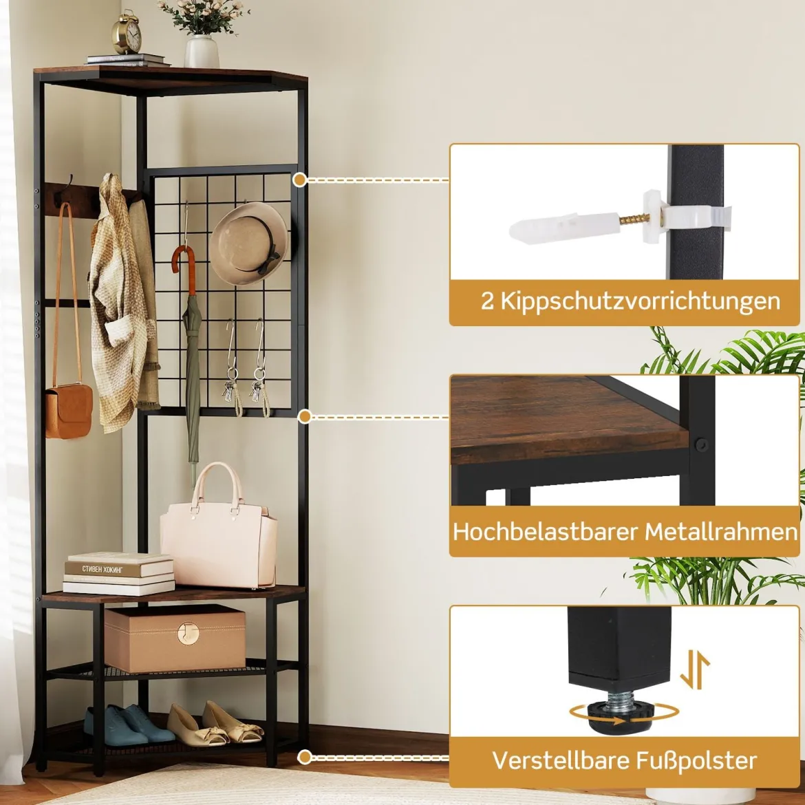 3 in 1 Eckgarderobe aus Metall platzsparende Garderobenständer mit Haken Rustikales Braun 49 x 49 x 171 cm