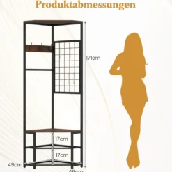 3 in 1 Eckgarderobe aus Metall platzsparende Garderobenständer mit Haken Rustikales Braun 49 x 49 x 171 cm