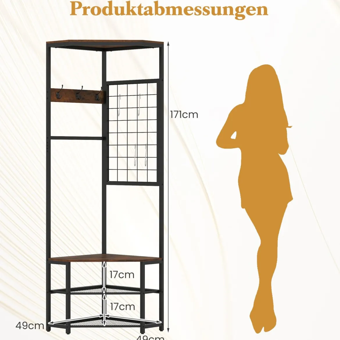 3 in 1 Eckgarderobe aus Metall platzsparende Garderobenständer mit Haken Rustikales Braun 49 x 49 x 171 cm
