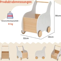 2 in 1 Elefantenform Lauflernwagen aus Holz mit Großer Spielzeugkiste Lauflernhilfe Weiß
