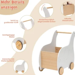 2 in 1 Elefantenform Lauflernwagen aus Holz mit Großer Spielzeugkiste Lauflernhilfe Weiß