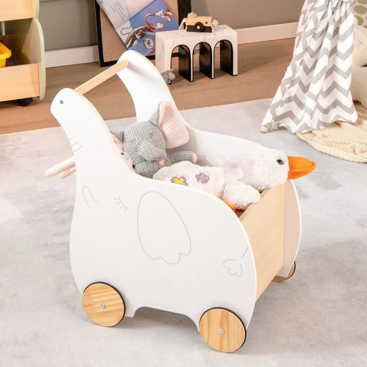 2 in 1 Elefantenform Lauflernwagen aus Holz mit Großer Spielzeugkiste Lauflernhilfe Weiß