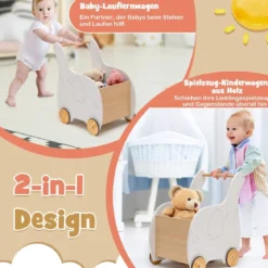 2 in 1 Elefantenform Lauflernwagen aus Holz mit Großer Spielzeugkiste Lauflernhilfe Weiß