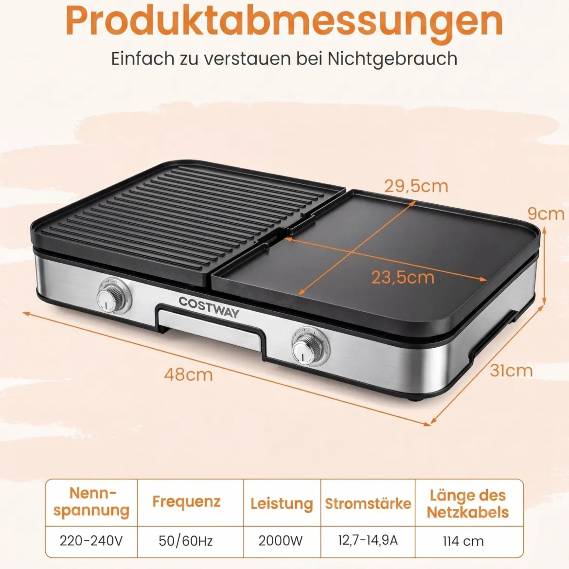 3-in-1 Elektrischer Tischgrill 2000W Elektrogrill mit 2 Separaten Heizzonen 6 Temperatureinstellungen