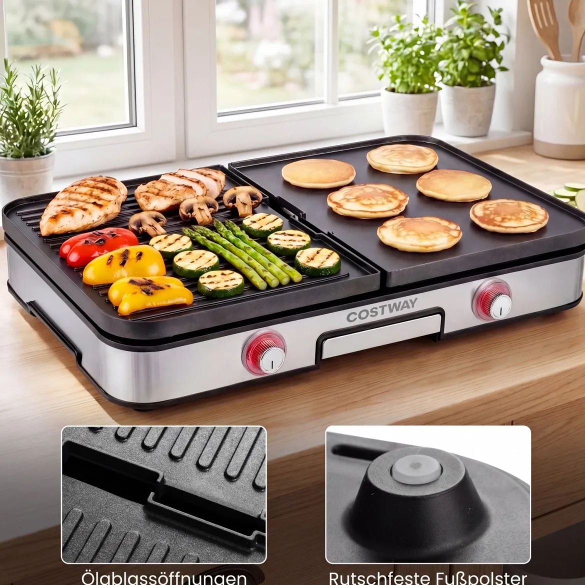 3-in-1 Elektrischer Tischgrill 2000W Elektrogrill mit 2 Separaten Heizzonen 6 Temperatureinstellungen