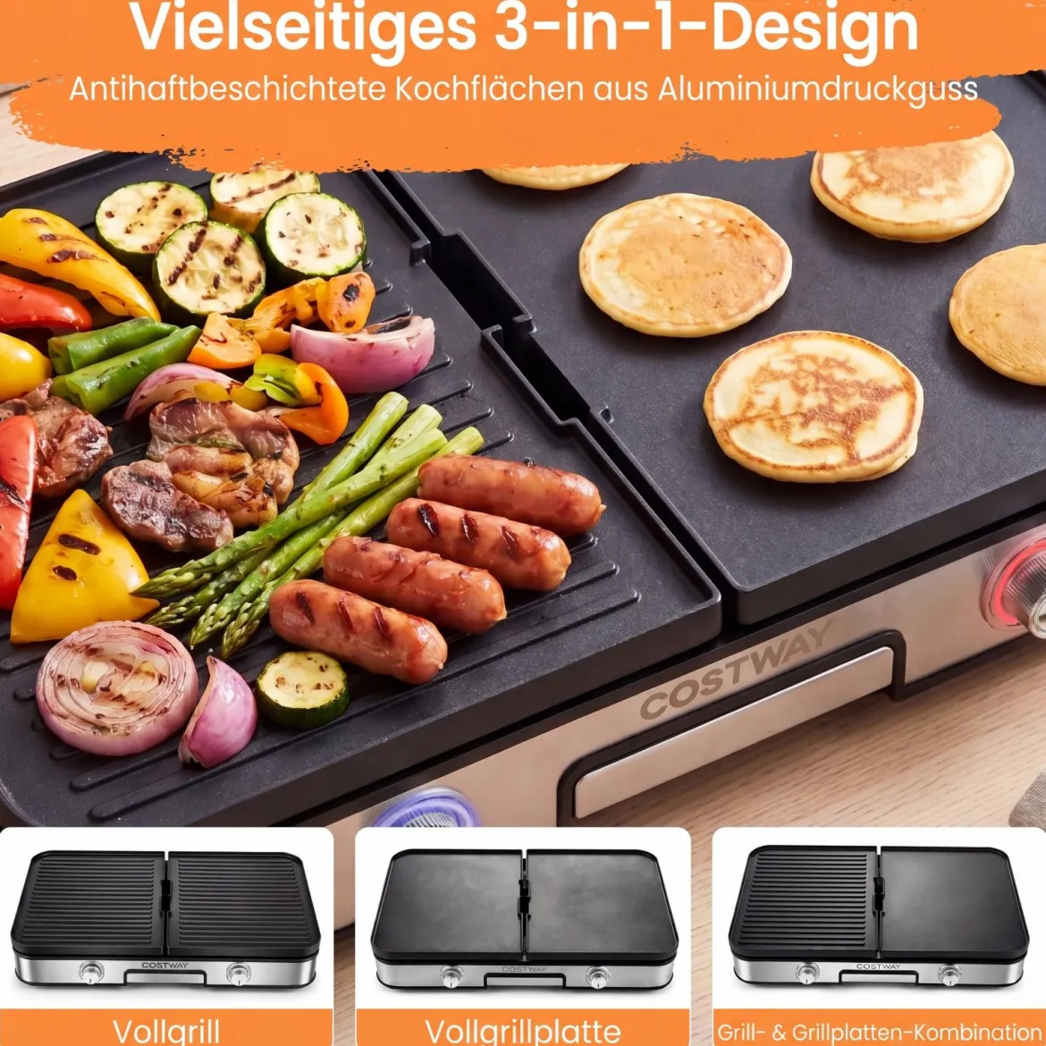3-in-1 Elektrischer Tischgrill 2000W Elektrogrill mit 2 Separaten Heizzonen 6 Temperatureinstellungen