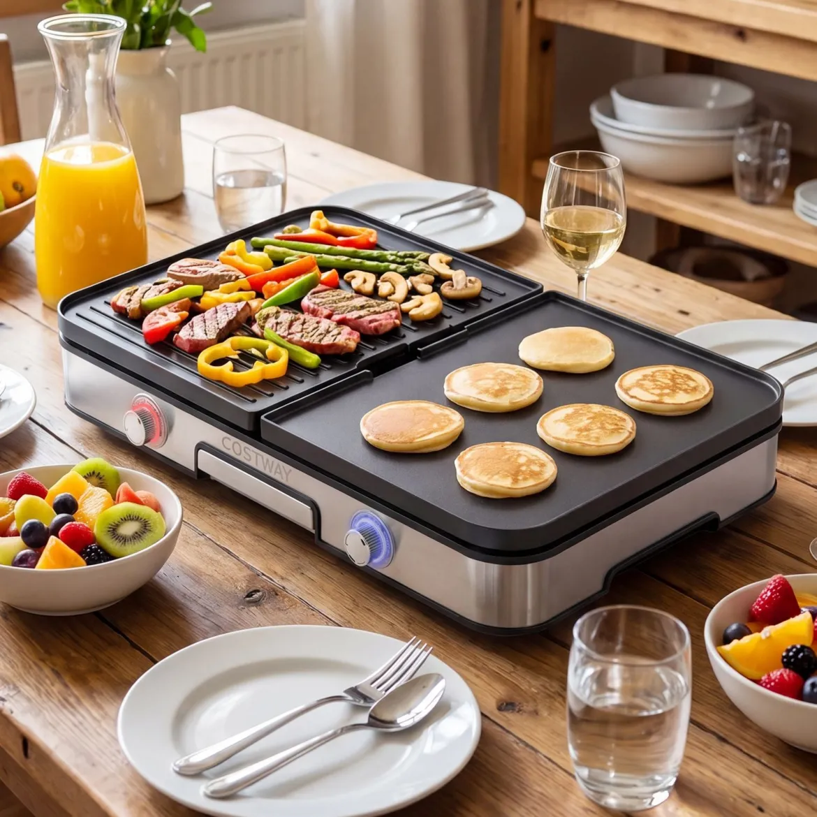 3-in-1 Elektrischer Tischgrill 2000W Elektrogrill mit 2 Separaten Heizzonen 6 Temperatureinstellungen