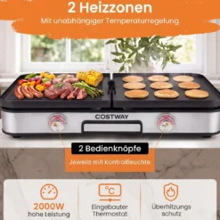 3-in-1 Elektrischer Tischgrill 2000W Elektrogrill mit 2 Separaten Heizzonen 6 Temperatureinstellungen