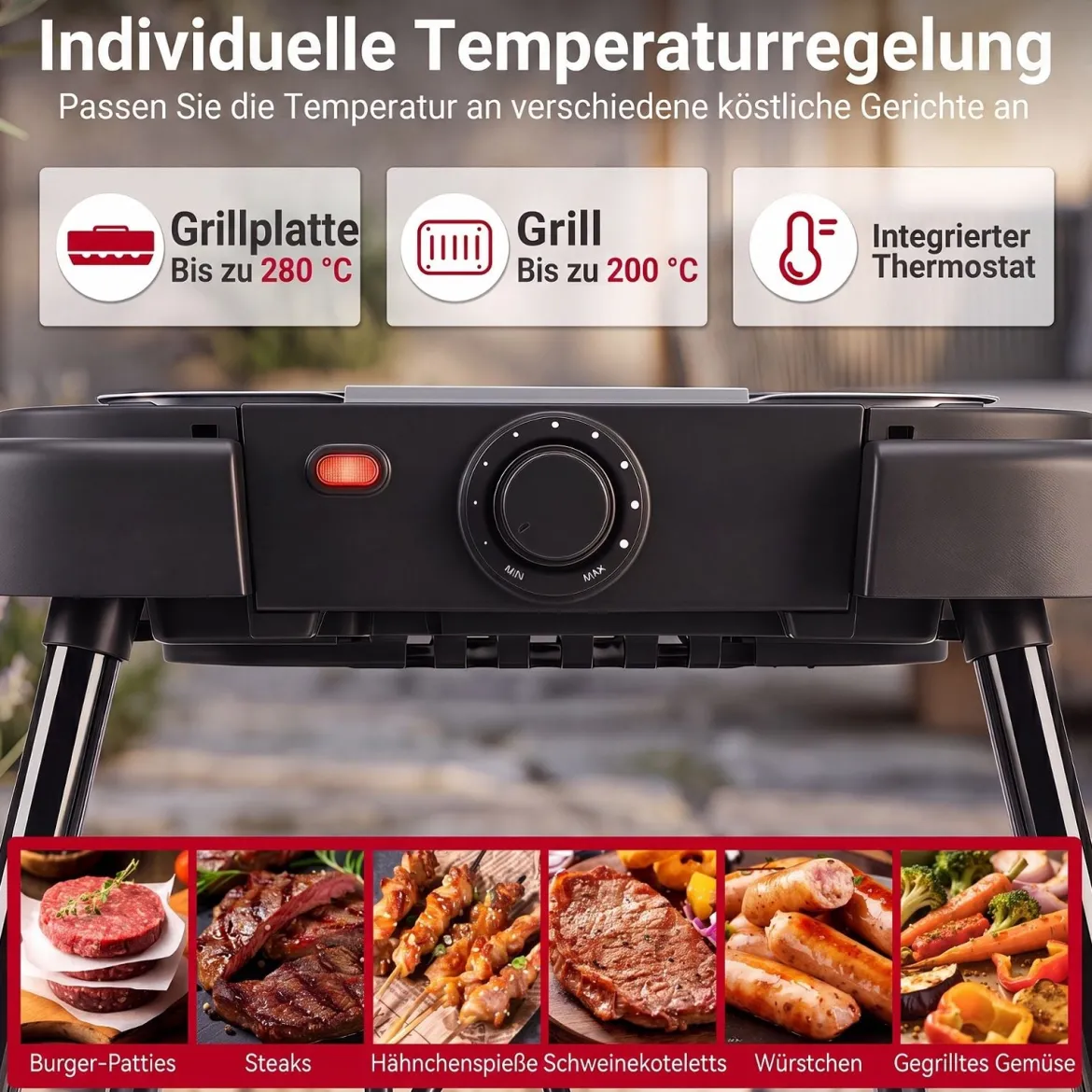 2 in 1 Elektrogrill 2000W Standgrill mit Doppelter Grillplatten & Höhenverstellbarem Ständer