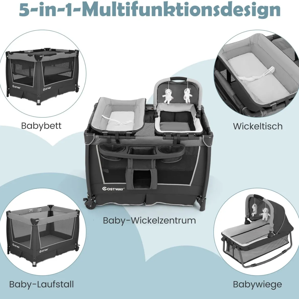 5 in 1 Faltbare Babybett mit Abnehmbarem Stubenwagen & Wickelauflage & Matratze Reisebett Grau